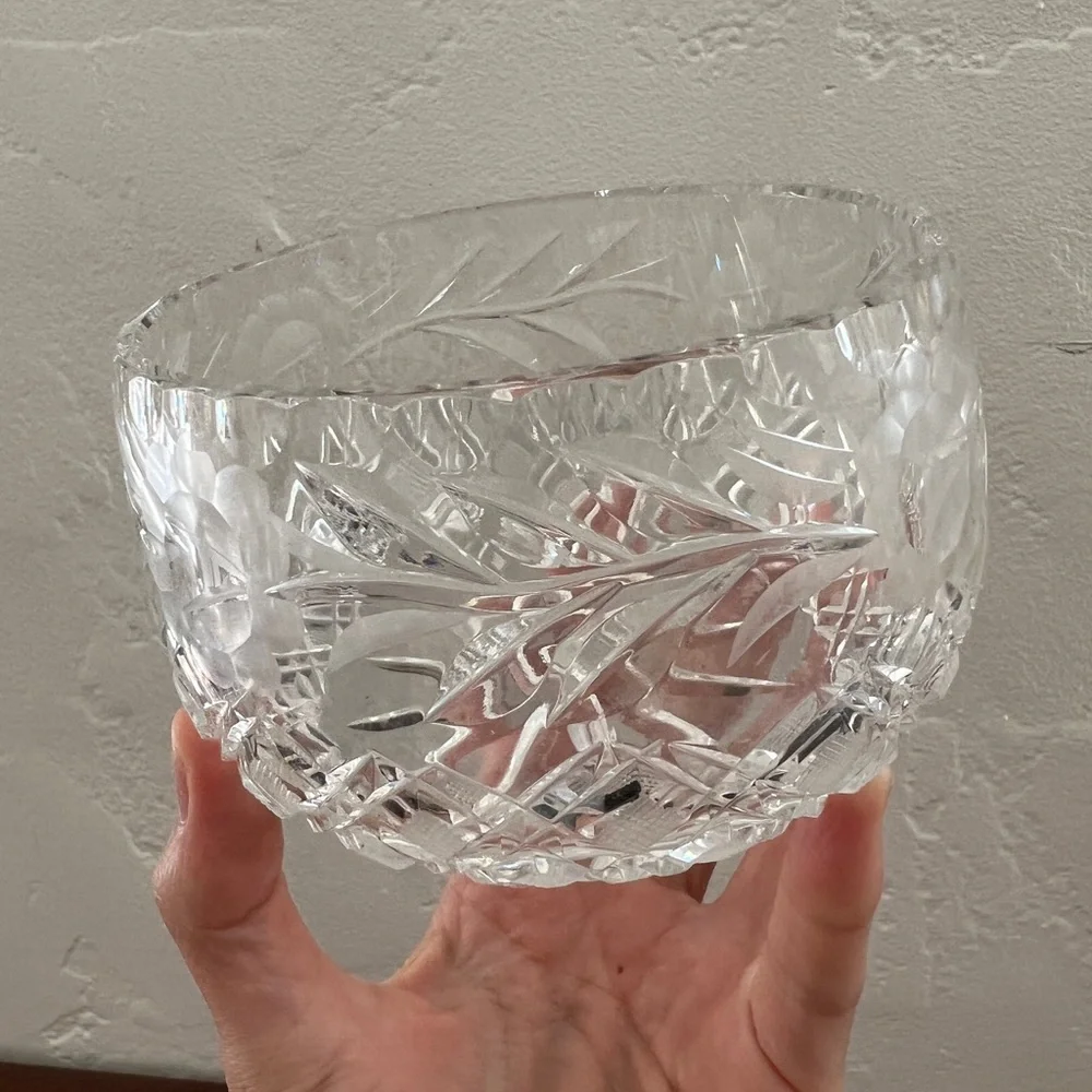 Vintage antique cut crystal etched floral rose bowl trinket dish